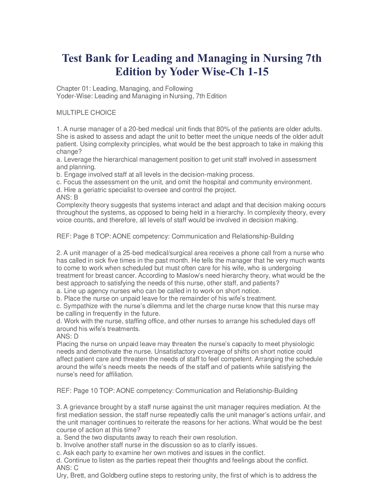 Test Bank for Leading and Managing in Nursing 7th Edition by Yoder Wise-Ch 1-15